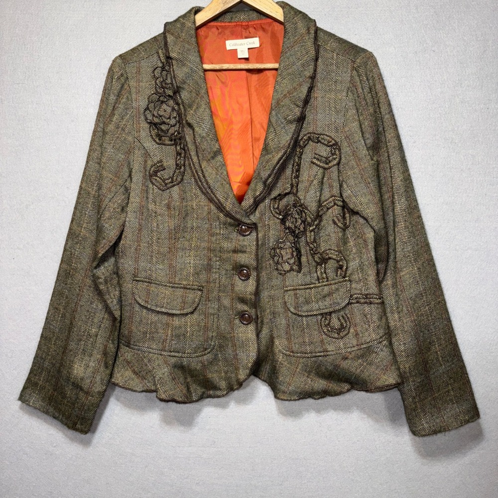 Coldwater Creek Tweed Herringbone  Wool Blend Blazer Jacket  Floral Ruffle Sz 12